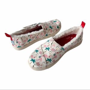 Toms Girls Alpargata Natural Holiday Flamingo Faux Cozy Fur Loafers Size 3 1/2